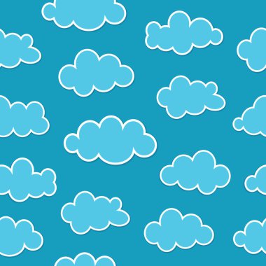 Güzel mavi gökyüzü ile çeşitli bulutlar. Vektör düz çizim. Basit Dikişsiz desen, desen. Çocuklar'ın çizim, kağıt ambalaj.