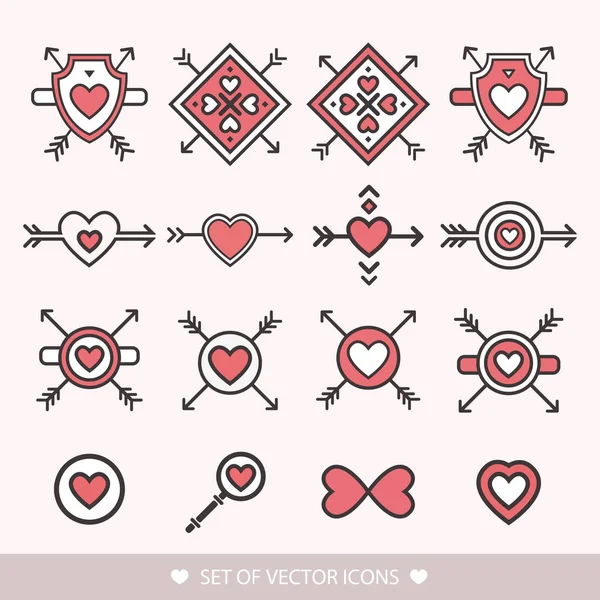 Set decorative red icon for Valentine's Day. Graphic romantic element Heart and arrow.  Decoration for the wedding. Logo love vector illustration — Stock Vector