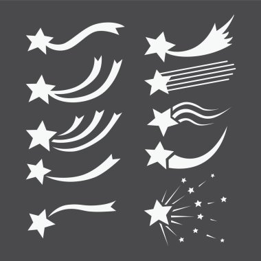 Sabit yıldız kümesi farklı kuyrukları ile vektör. Kayan yıldız kökenli izole. Göktaşları ve kuyruklu yıldızlar simgeleri. Web tasarım için grafik illüstrasyon