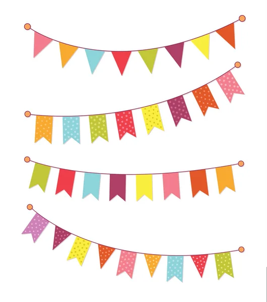 Vector set of decorative party pennants with different sizes and lengths. Celebrate flags. Rainbow garland. Birthday decoration. Hanging colored flags.. Vector graphic illustration, EPS10 — Stock Vector