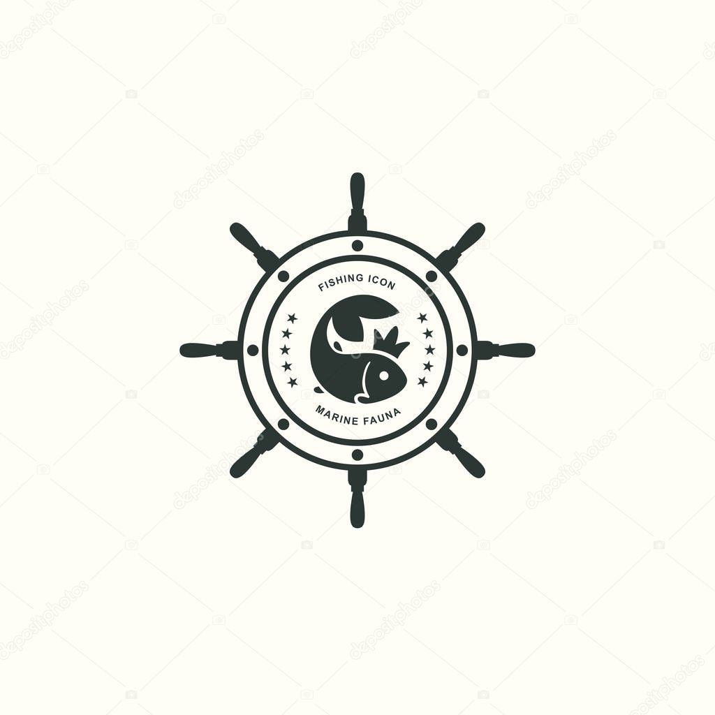 Vintage icon of fresh fish. Oceanic, river, lake icons. Emblem, signet with animals. Vector graphic illustration. Logotype, logo
