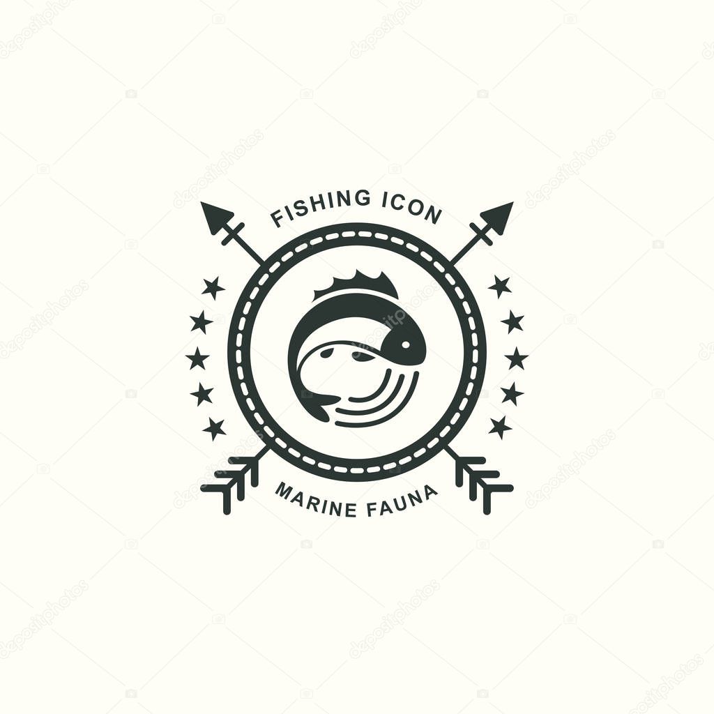 Vintage icon of fresh fish. Oceanic, river, lake icons. Emblem, signet with animals. Vector graphic illustration. Logotype, logo