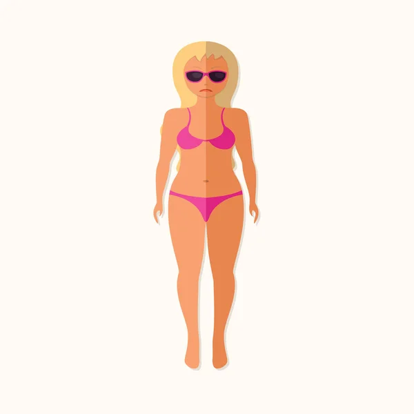 Толстушка в купальнике решила похудеть к лету. Фитнес или диета для хорошей спортивной фигуры женщины в бикини. Векторная плоская иллюстрация — стоковый вектор