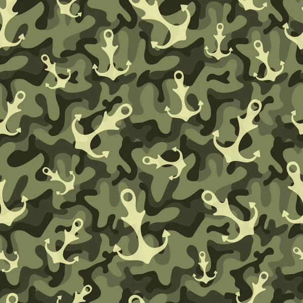 Simples gráfico padrão verde sem costura de temas marinhos. Âncora em fundo militar de camuflagem, envolvendo textura de papel para design. Oceanic vetor papel de parede repetindo —  Vetores de Stock