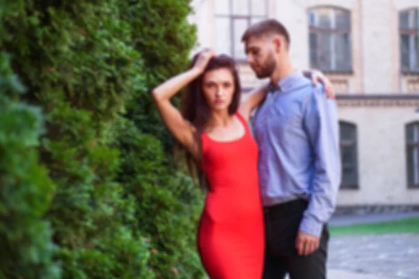 Beautiful Couple Man Woman Blurry Background Beautiful Park Romantic Theme — Stock Photo, Image