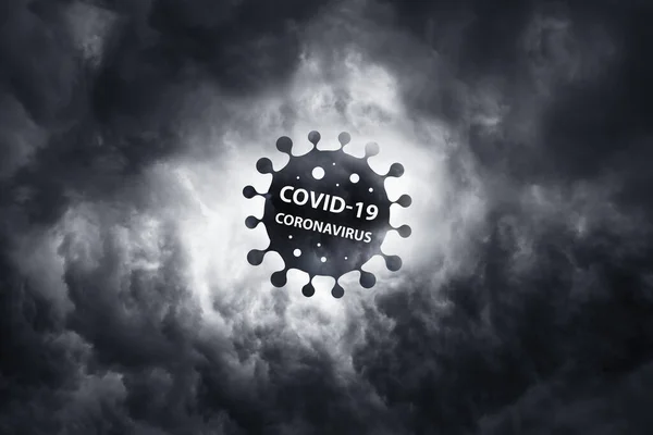 警告可怕的Covid 19病毒世界大流行病 带有大肠癌Covid19 武汉市是对人类的威胁 雷云背景下的细菌 — 图库照片