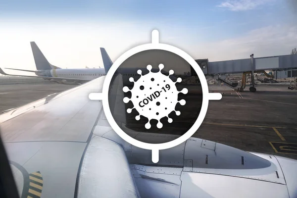 Teken Waarschuwingen Voor Een Coronavirus Achtergrond Van Een Vliegtuig Het — Stockfoto