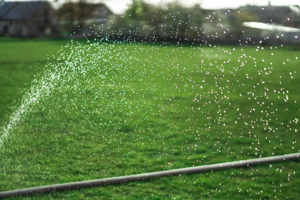 Irrigation System Field Broken Hose Leaks Water Green Beautiful Background — Stock Photo, Image