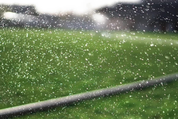 現場の灌漑システムだ 壊れたホースが水を漏らす 緑の美しい背景 村の庭 — ストック写真