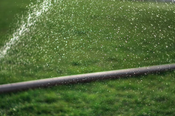 現場の灌漑システムだ 壊れたホースが水を漏らす 緑の美しい背景 村の庭 — ストック写真