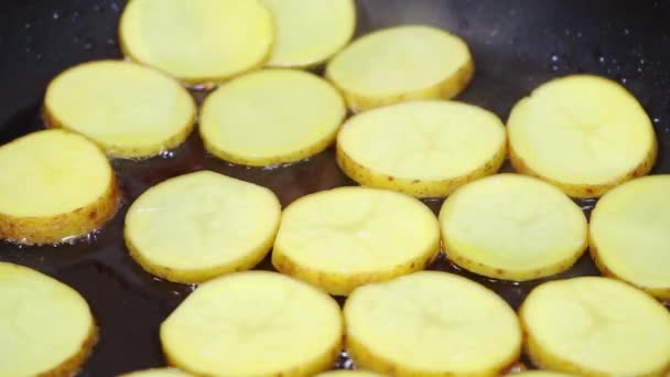 Patatesleri kızartma tavasında yağda kızartıyoruz.. — Stok video
