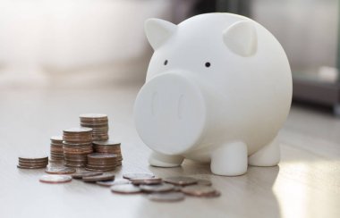 Beyaz domuzcuk ahşap zemin üzerinde para ile para tasarrufu.