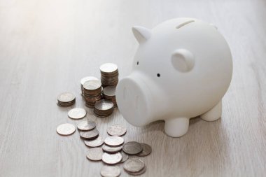 Beyaz domuzcuk ahşap zemin üzerinde para ile para tasarrufu.