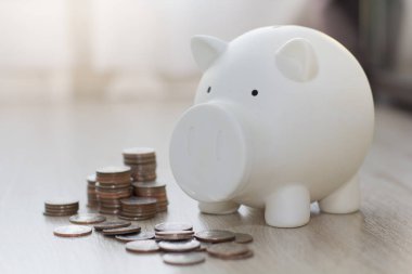 Beyaz domuzcuk ahşap zemin üzerinde para ile para tasarrufu.