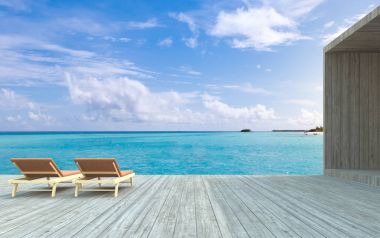 3D render, plaj sandalyeleri ahşap zemin ile bulanık mavi gökyüzü arka plan üzerinde.