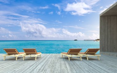 3D render, plaj sandalyeleri ahşap zemin ile bulanık mavi gökyüzü arka plan üzerinde.