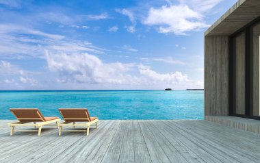 3D render, plaj sandalyeleri ahşap zemin ile bulanık mavi gökyüzü arka plan üzerinde.
