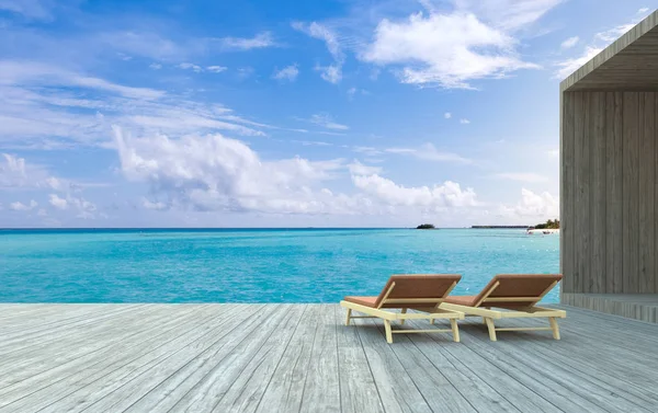 Representación Sillas Playa Suelo Madera Con Fondo Azul Borroso Del — Foto de Stock