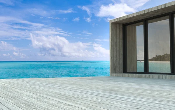 Renderização Cadeiras Praia Chão Madeira Com Fundo Azul Desfocado Céu — Fotografia de Stock