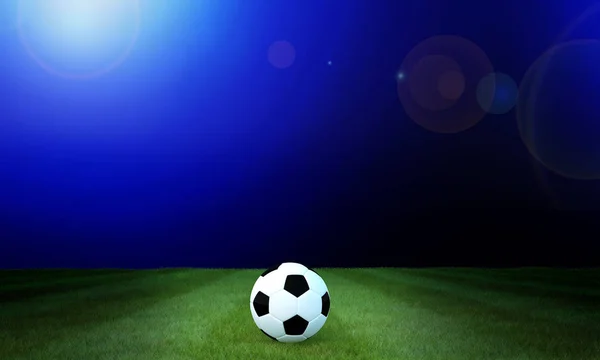 Football black and white color on grass soccer field with blurred blue gradient background.3D Rendering