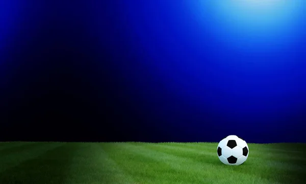 Football black and white color on grass soccer field with blurred blue gradient background.3D Rendering