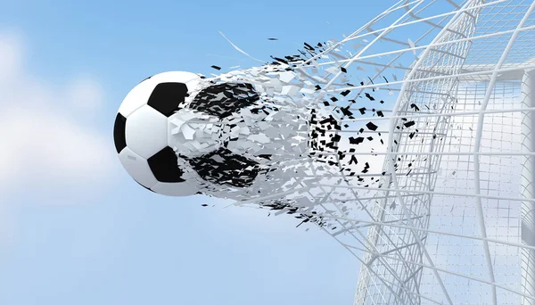 Fast football back and white color shooting Goal with blurred blue sky background.3D Rendering