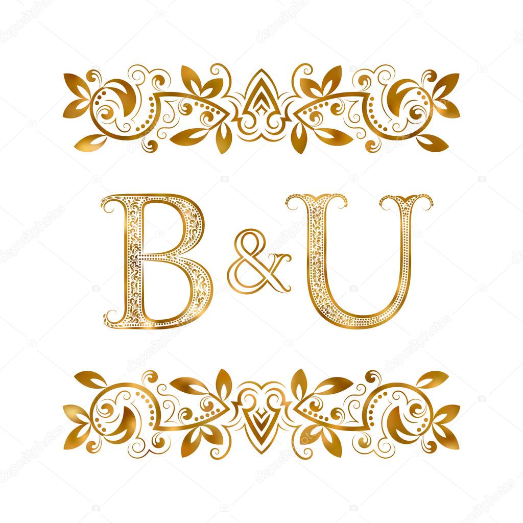 B&U vintage initials logo symbol. Letters B, U, ampersand surrounded floral ornament. Wedding or business partners initials monogram in royal style.