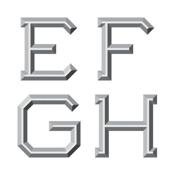 E, F, G, H letras facetadas grises. Prismatic retro fuente . — Vector de stock