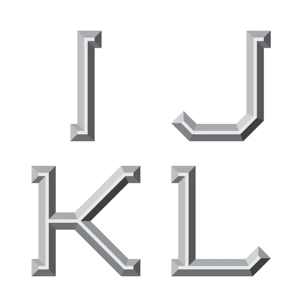 I, J, K, L gray faceted letters. Prismatic retro font. — Stock Vector