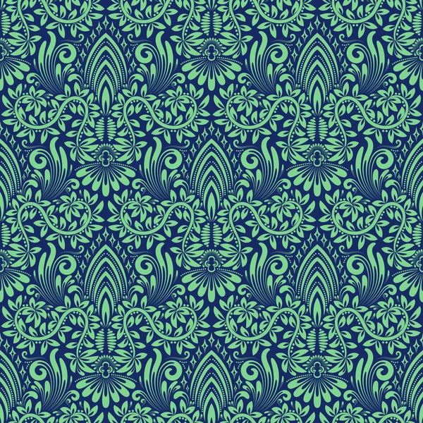 在巴洛克风格蓝色绿色锦缎无缝模式 — 图库矢量图片