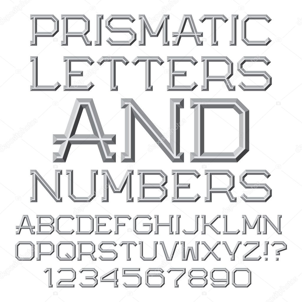 Gray faceted letters and numbers. Prismatic retro font.