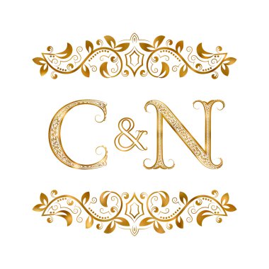 C ve N vintage baş harfleri logo sembol. Harfleri süs öğeleri tarafından çevrili. 