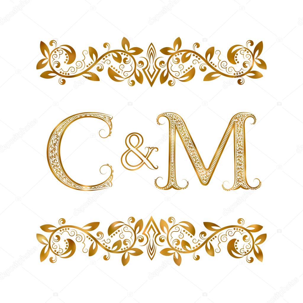 C&M vintage initials logo symbol. The letters are surrounded by ornamental elements. 