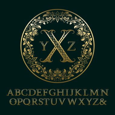 Baş harfleri monogram dalları altın harflerle. Barok tarzı yazı logo tasarımı için.