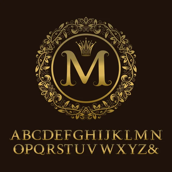 Tendrils gold letters with M initial monogram. Baroque style font for logo design. — Stock Vector