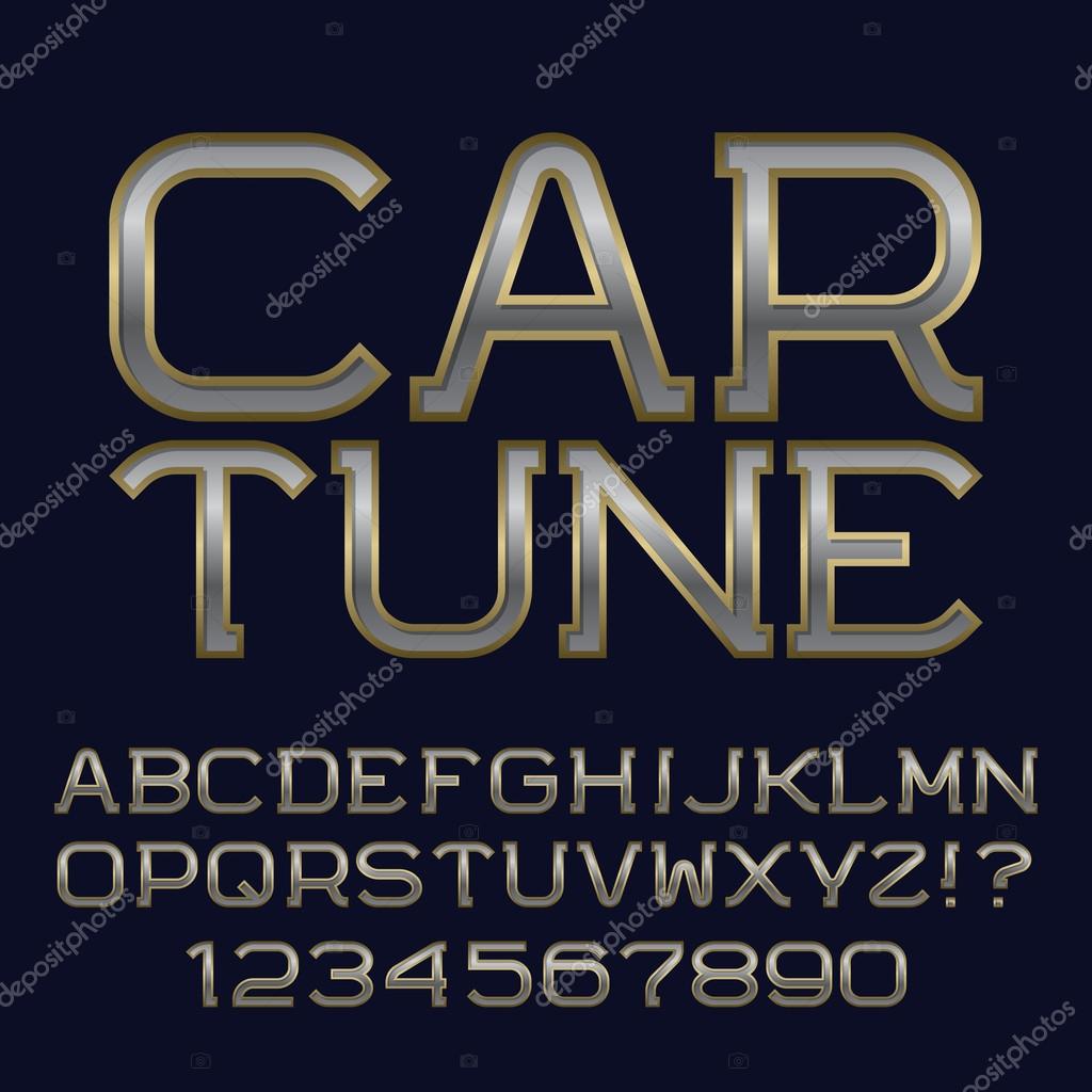 Iron gold letters and numbers. Metallic font. Isolated english alphabet