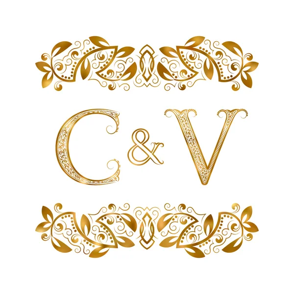 Simbolo del logo delle iniziali vintage C & V. Le lettere sono circondate da elementi ornamentali . — Vettoriale Stock