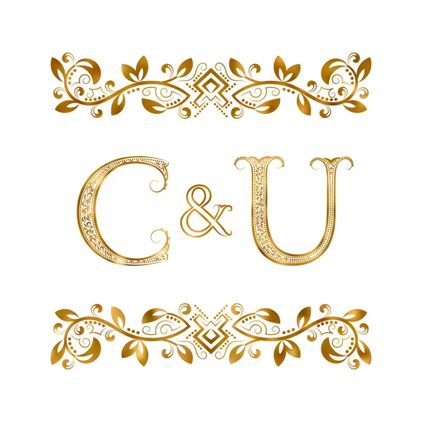 C & U 빈티지 이니셜 로고 기호입니다. 글자 장식 요소에 의해 포위 된다. — 스톡 벡터