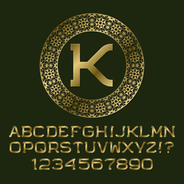 Letras y números dorados con K monograma inicial. Hermosa fuente para el diseño del logo — Archivo Imágenes Vectoriales