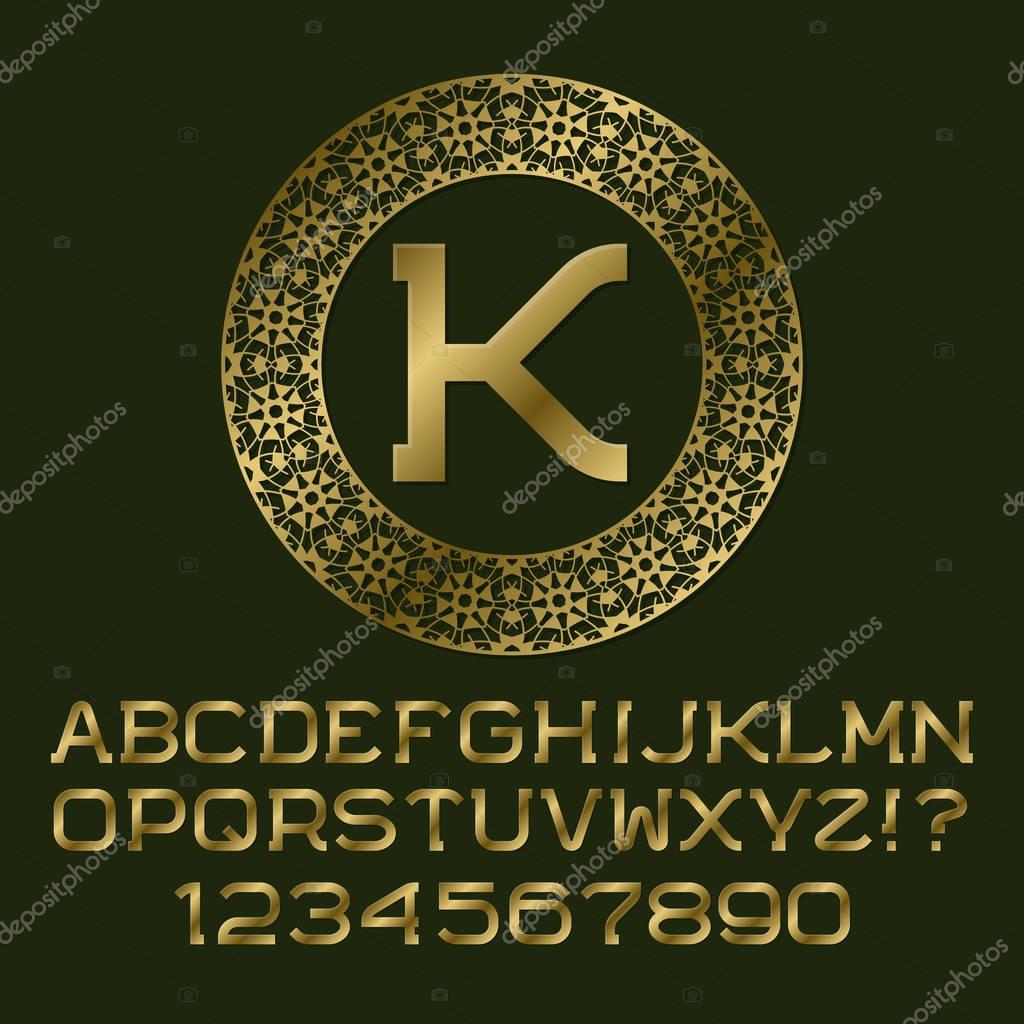 Golden letters and numbers with K initial monogram. Beautiful font for logo design. Isolated english alphabet, figures.