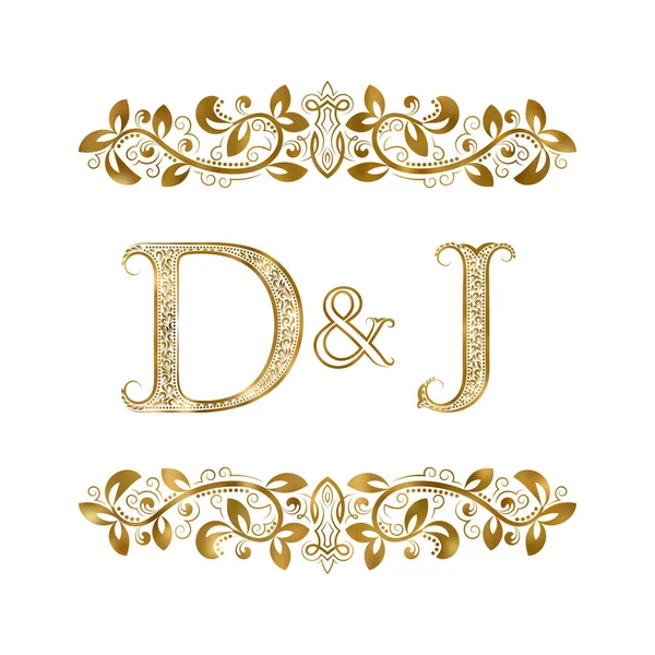 D і J вінтажні ініціали логотип символ. Літери оточені декоративними елементами . — стоковий вектор