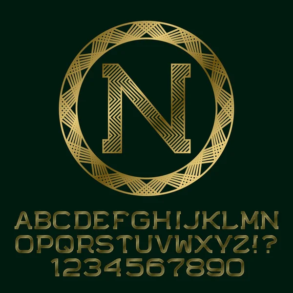 Lettere e numeri in oro fantasia zigzag con n monogramma iniziale. Bella font per il design del logo . — Vettoriale Stock