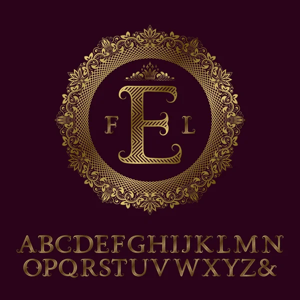Lettres en or rayé Zigzag et monogramme initial dans un cadre floral rond avec couronne. Fonte élégante pour la conception du logo — Image vectorielle