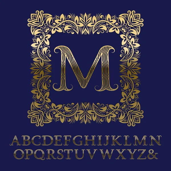 Letras onduladas a rayas doradas y monograma inicial en marco floral cuadrado. Elegante fuente para diseño de logo . — Vector de stock