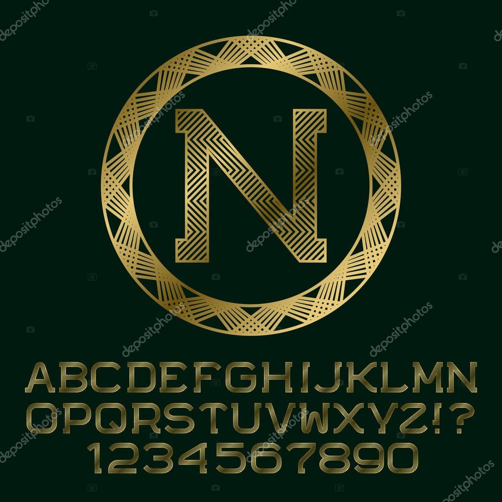 Zigzag patterned gold letters and numbers with n initial monogram. Beautiful font for logo design. Isolated english alphabet, figures.