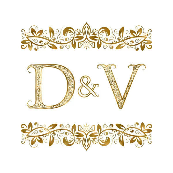D и V винтажные инициалы логотип символа. Буквы окружены декоративными элементами . — стоковый вектор