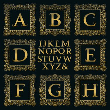 Vintage monogram kiti. Altın harfler ve Victoria tarzı ilk logo oluşturmak için çiçek kare kare.