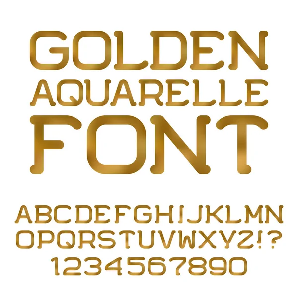 Goldene aquarellierte Buchstaben und Zahlen. goldene Aquarell weich bemalte Linienschrift. — Stockvektor