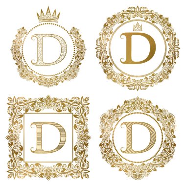 Altın harf D vintage Monogram ayarlayın. Hanedan arma, yuvarlak ve kare çerçeveler.