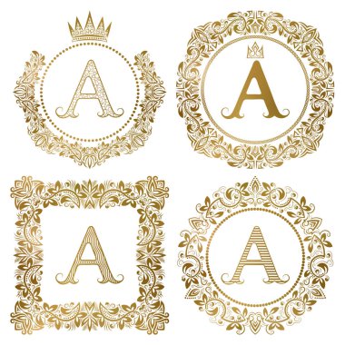 Altın mektup bir vintage kümesi Monogram. Hanedan arma, yuvarlak ve kare çerçeveler.